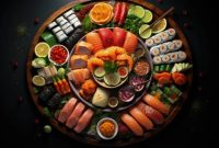 The Aesthetics of Japanese Cuisine. Sushi. Rice with Vinegar Seasoning. Various Seafood ... The Aesthetics of Japanese Cuisine. Sushi. Rice with Vinegar Seasoning. Various Seafood ...
