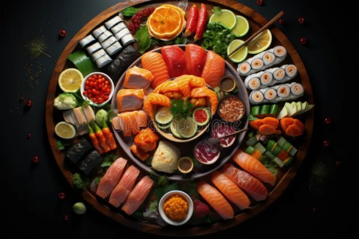 The Aesthetics of Japanese Cuisine. Sushi. Rice with Vinegar Seasoning. Various Seafood ... The Aesthetics of Japanese Cuisine. Sushi. Rice with Vinegar Seasoning. Various Seafood ...